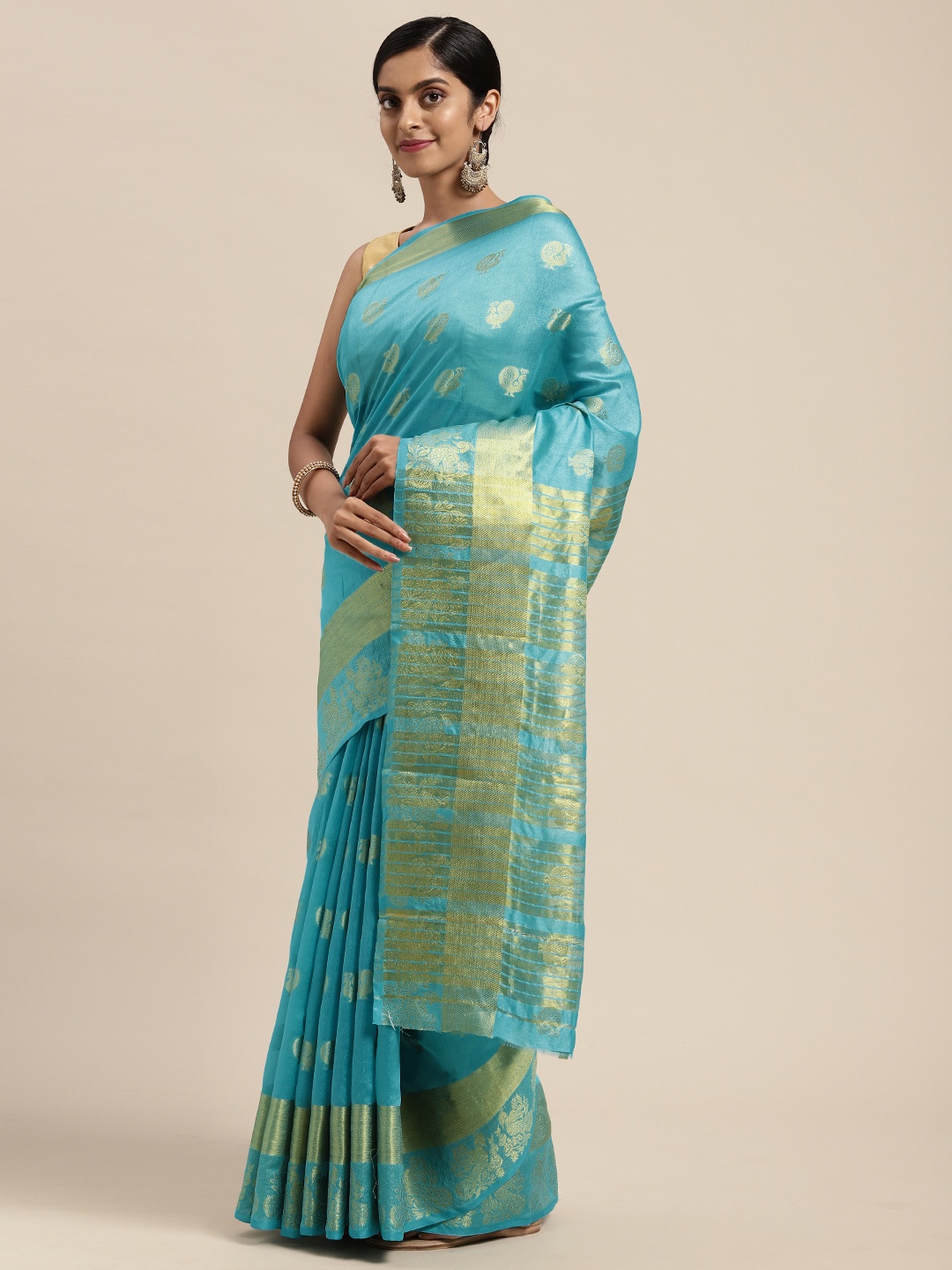 

Mitera Blue & Gold-Toned Woven Design Zari Silk Blend Chanderi Saree