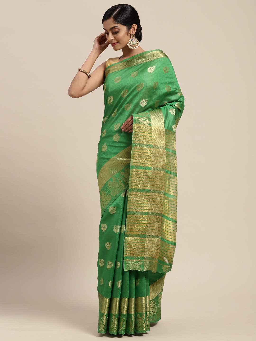

Mitera Green & Gold-Toned Woven Design Zari Silk Blend Chanderi Saree