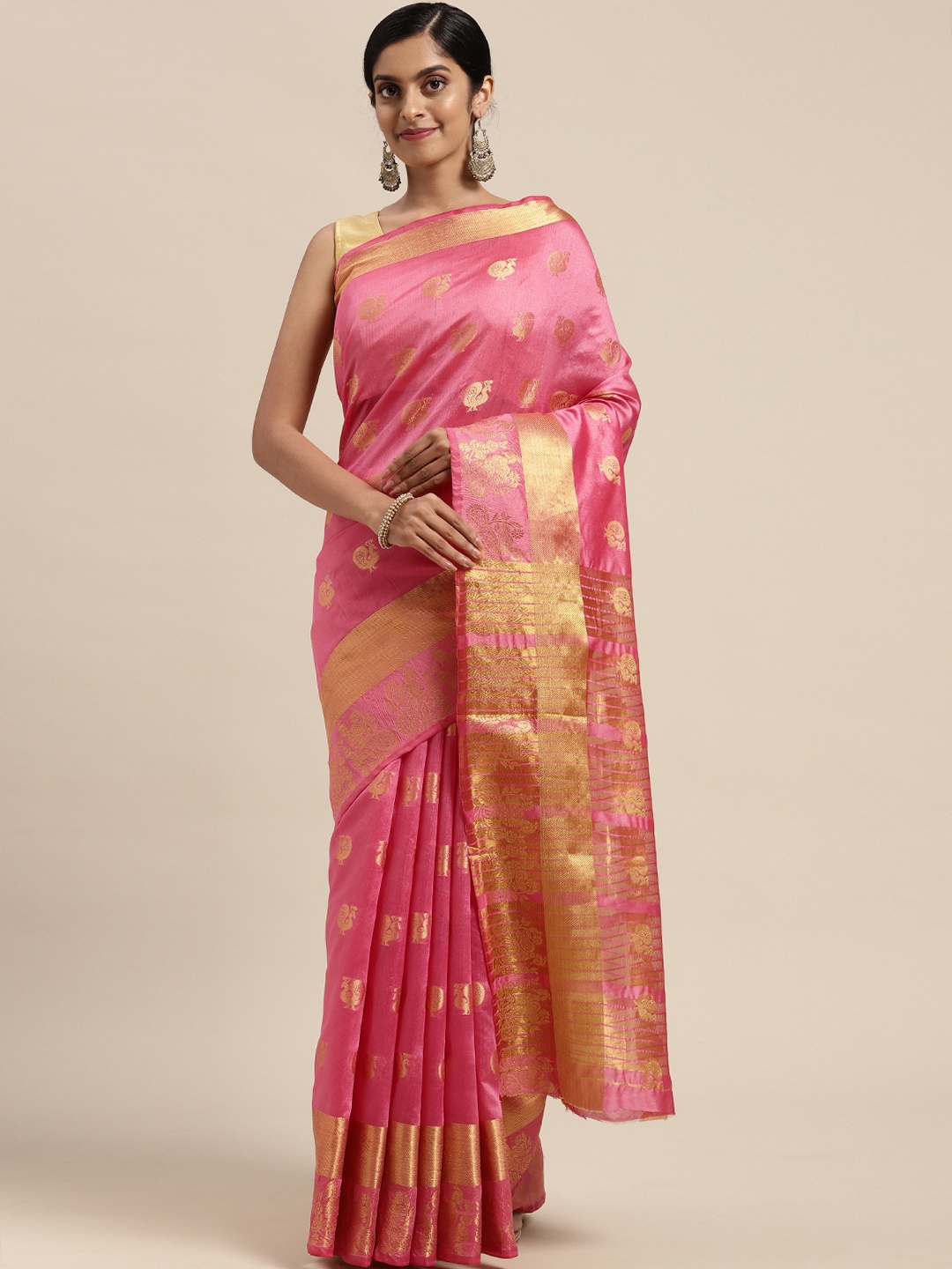 

Mitera Pink & Gold-Toned Woven Design Zari Silk Blend Chanderi Saree