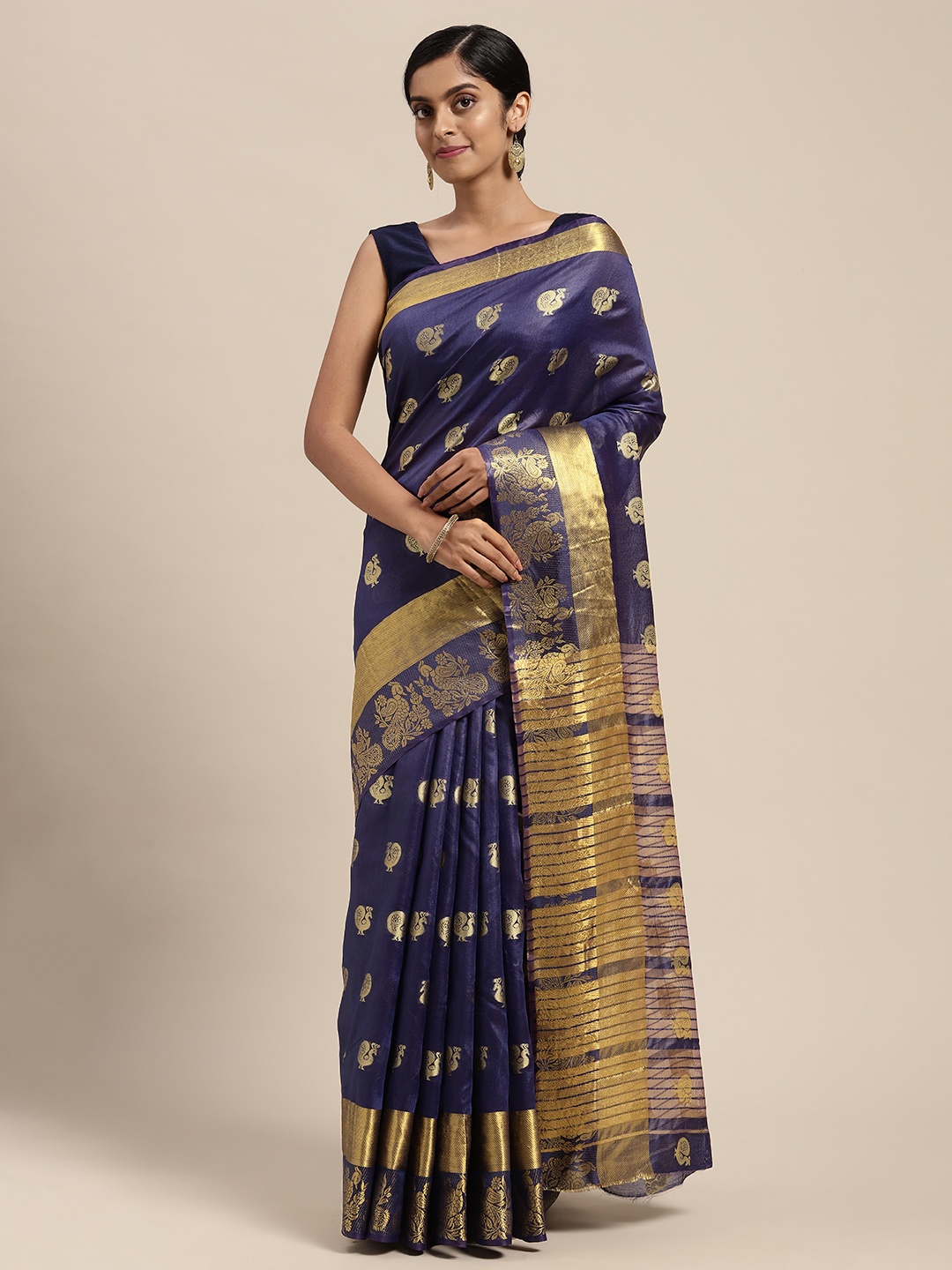 

Mitera Navy Blue Silk Blend Chanderi Saree