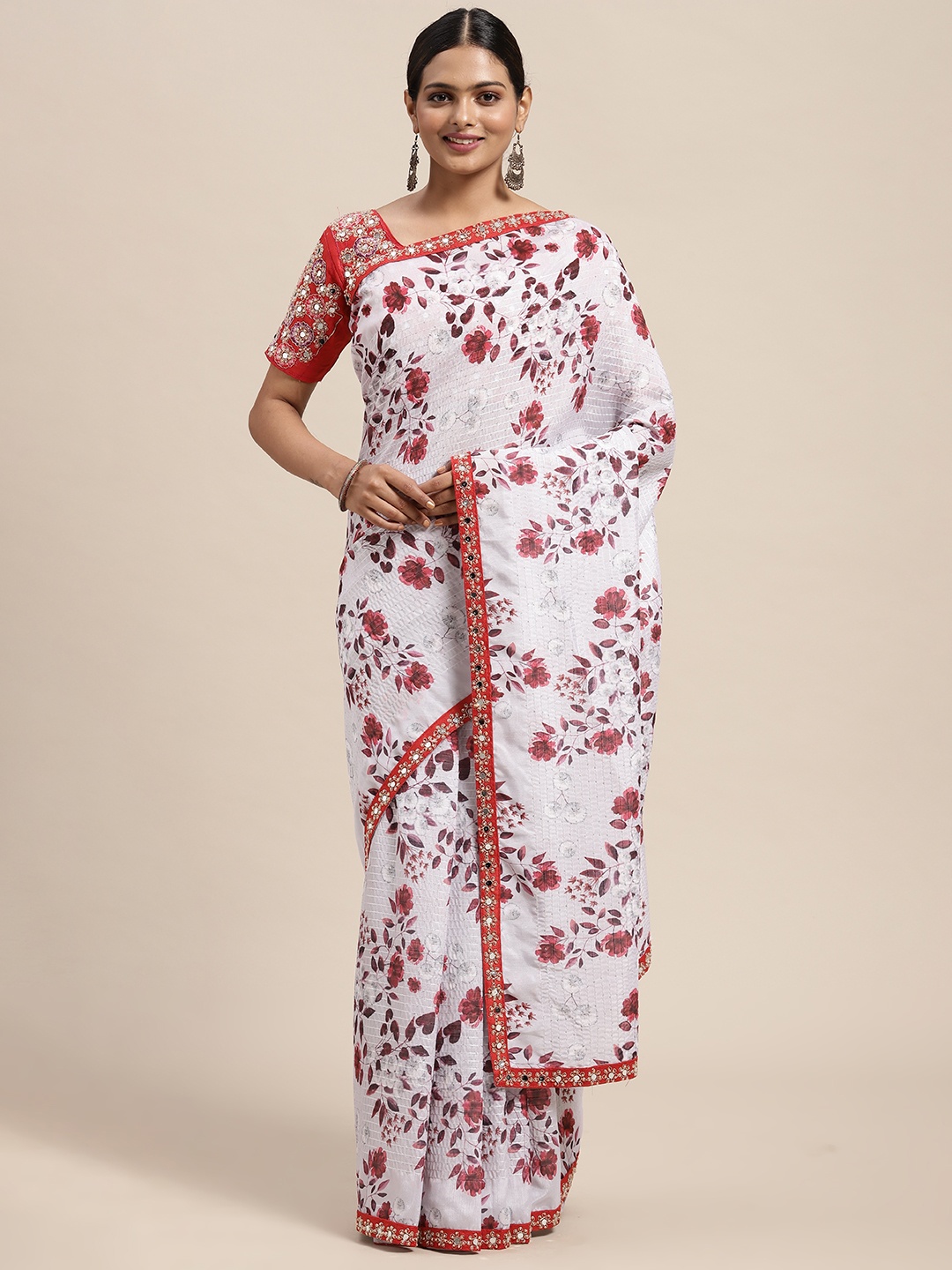 

Saree mall Grey Floral Print Rajwadi Silk Blend Saree