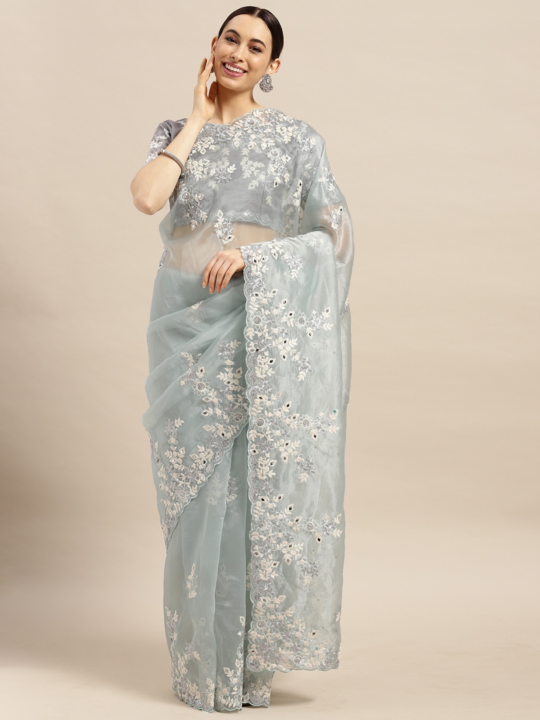 

Saree mall Sea Green Embroidered Embellished Organza Saree