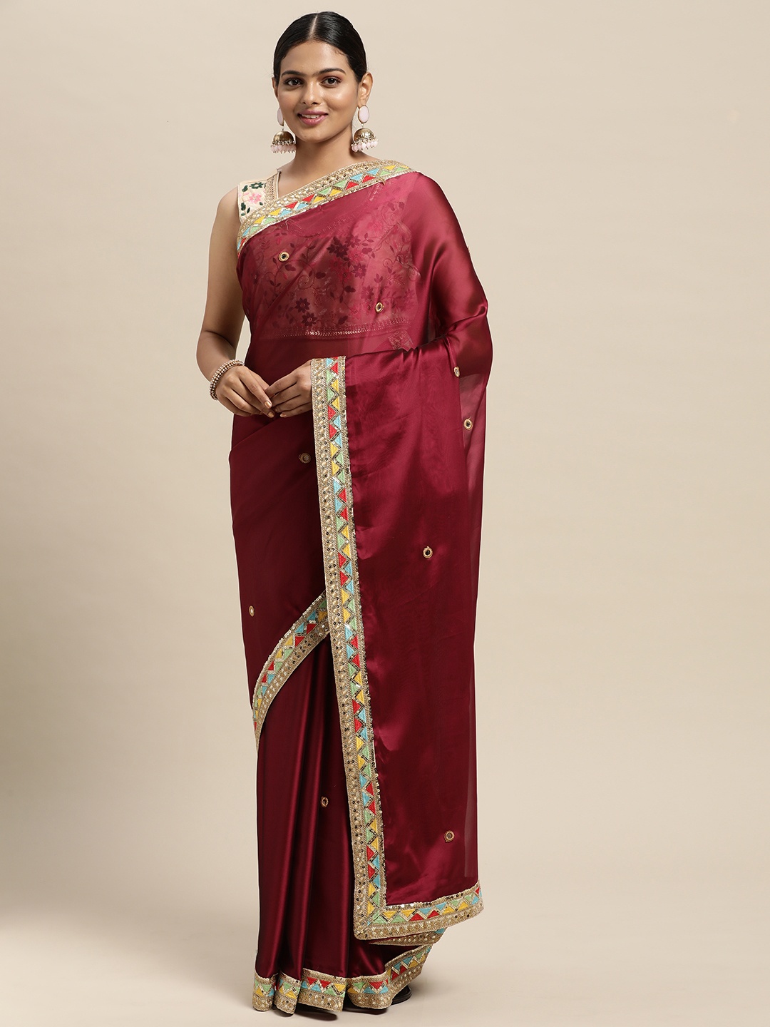 

Saree mall Magenta Embellished Mirror Work Saree
