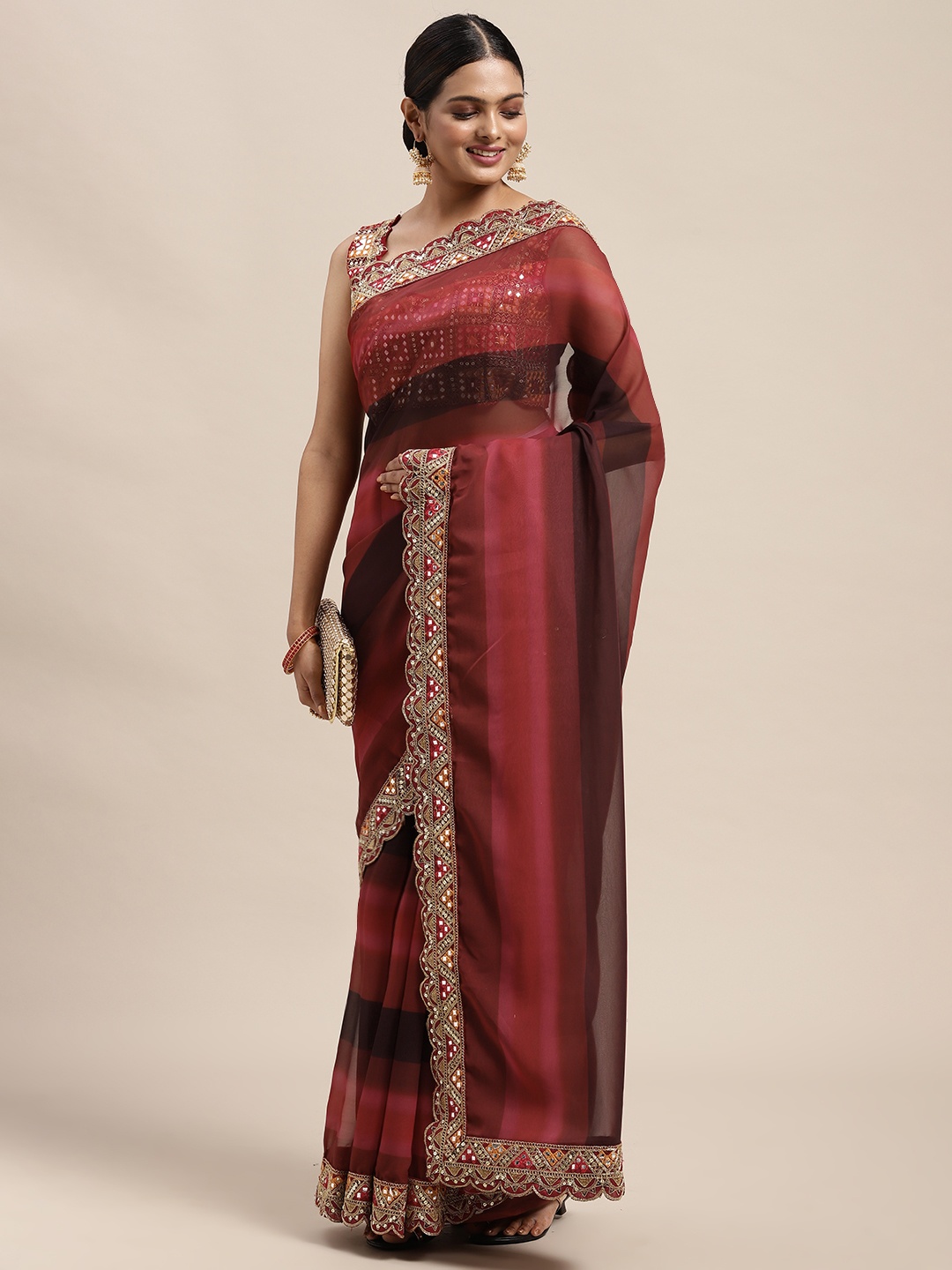 

Saree mall Maroon & Brown Striped Saree with Embroidered Mirror Work Border