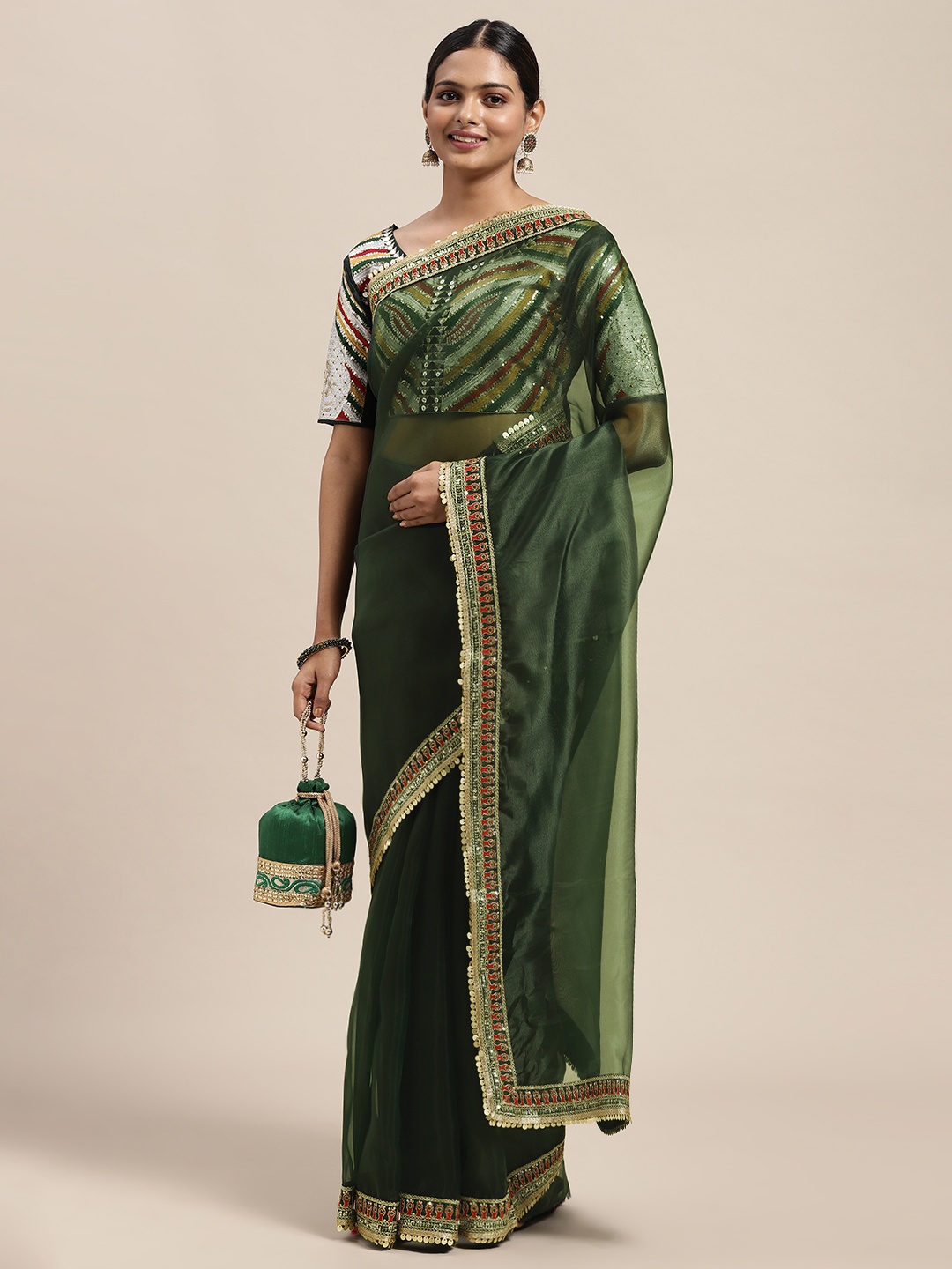 

Saree mall Green Solid Organza Saree Embellished Border