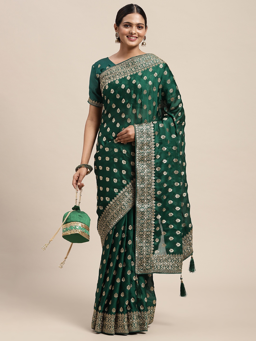 

Saree mall Green Ethnic Motifs Embellished Satin Chiffon Saree