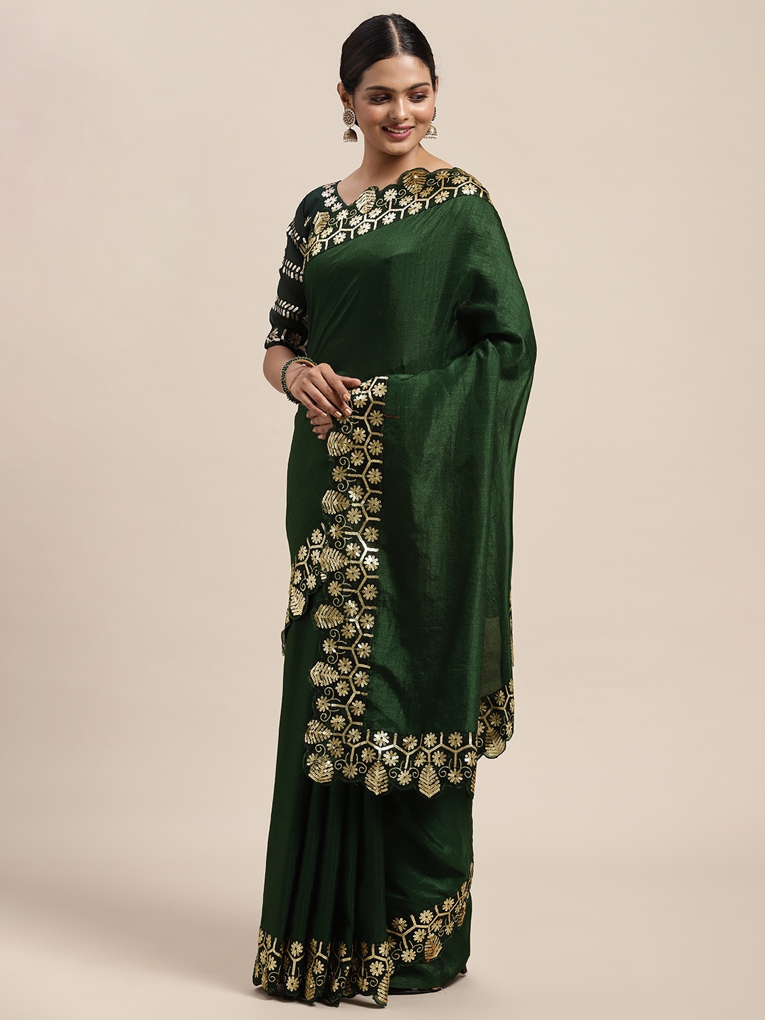 

Saree mall Green Solid Vichitra Silk Saree with Embroidered Border
