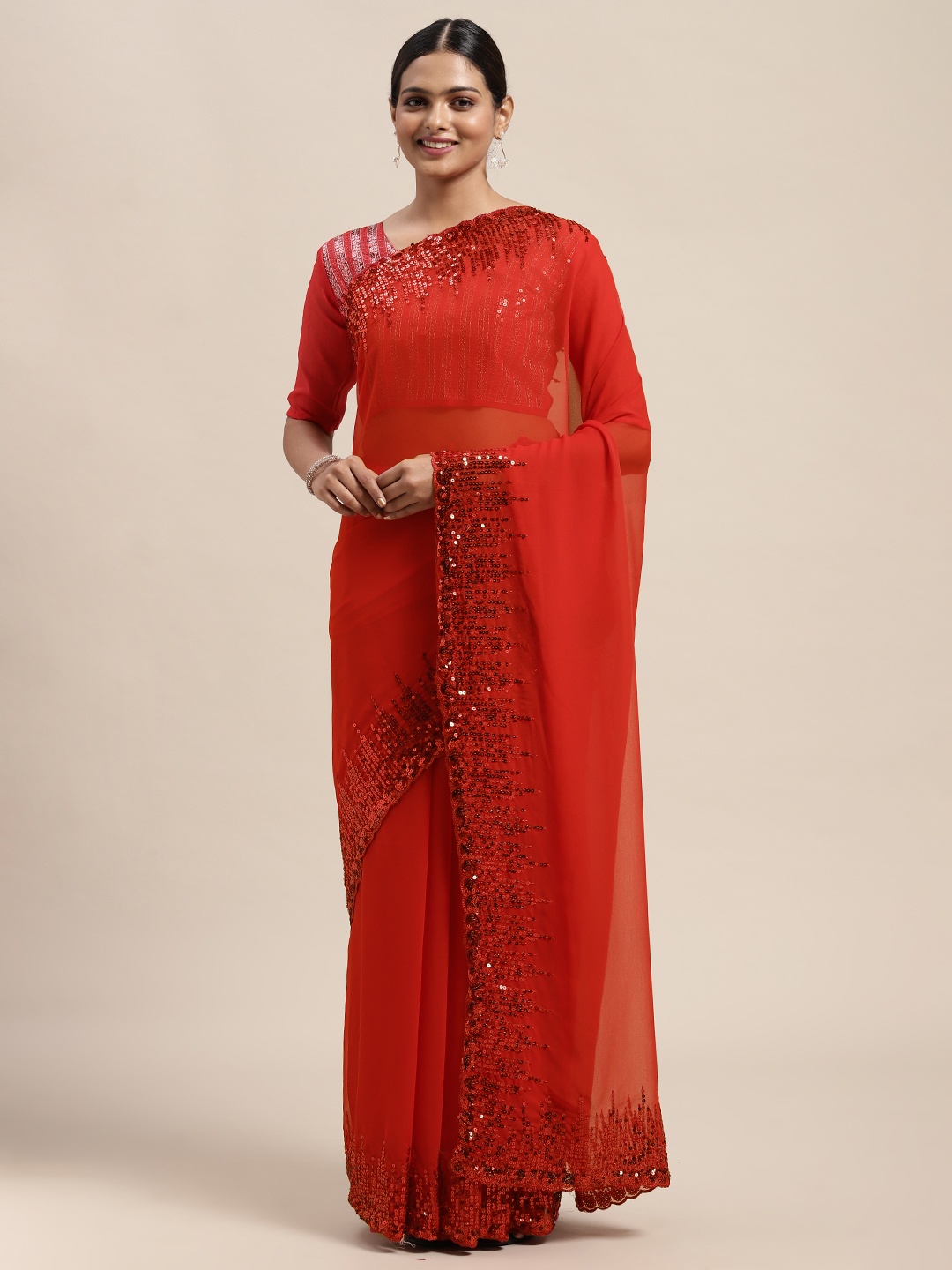 

Saree mall Red Solid Saree with Sequinned Border