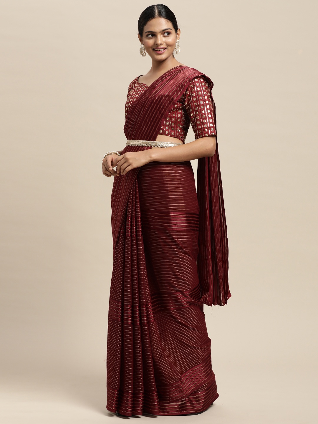 

Saree mall Maroon Striped Saree