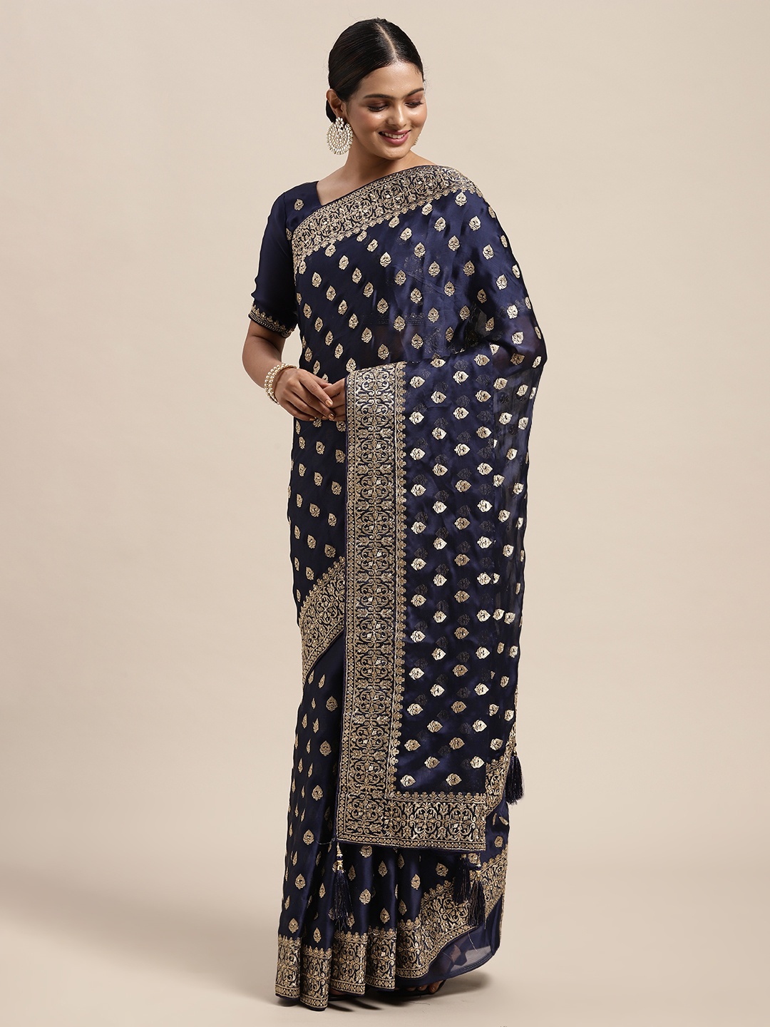 

Saree mall Navy Blue Ethnic Embroidered Satin Chiffon Saree