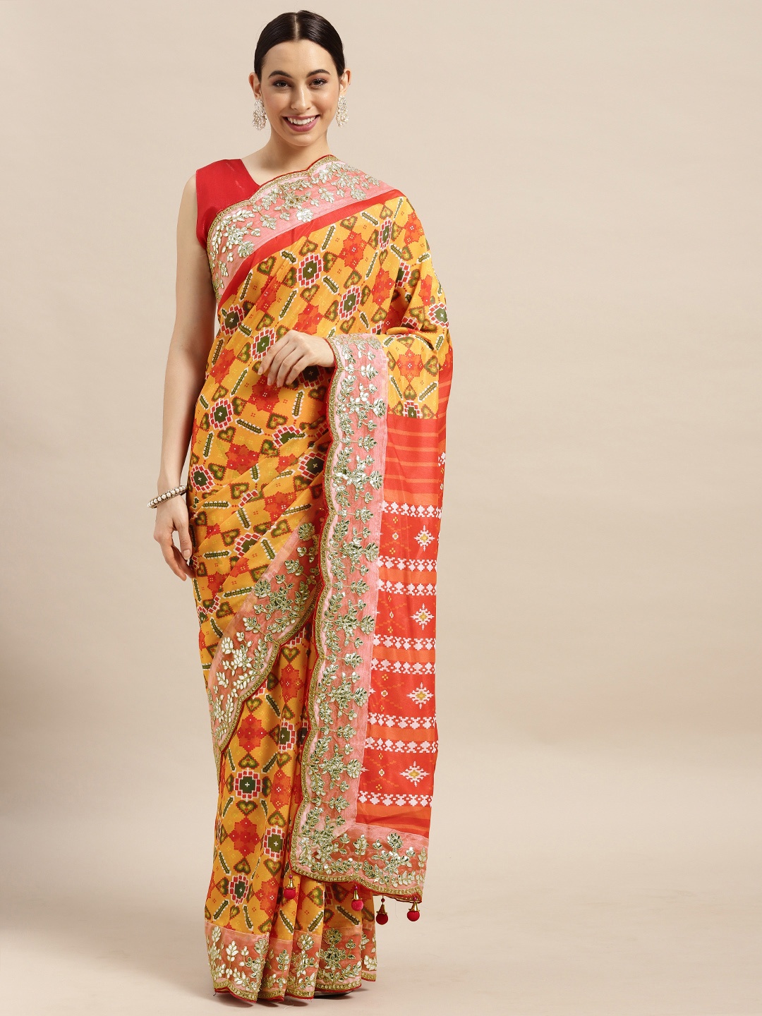 

Saree mall Yellow & Red Gotta Patti Vichitra Silk Blend Saree