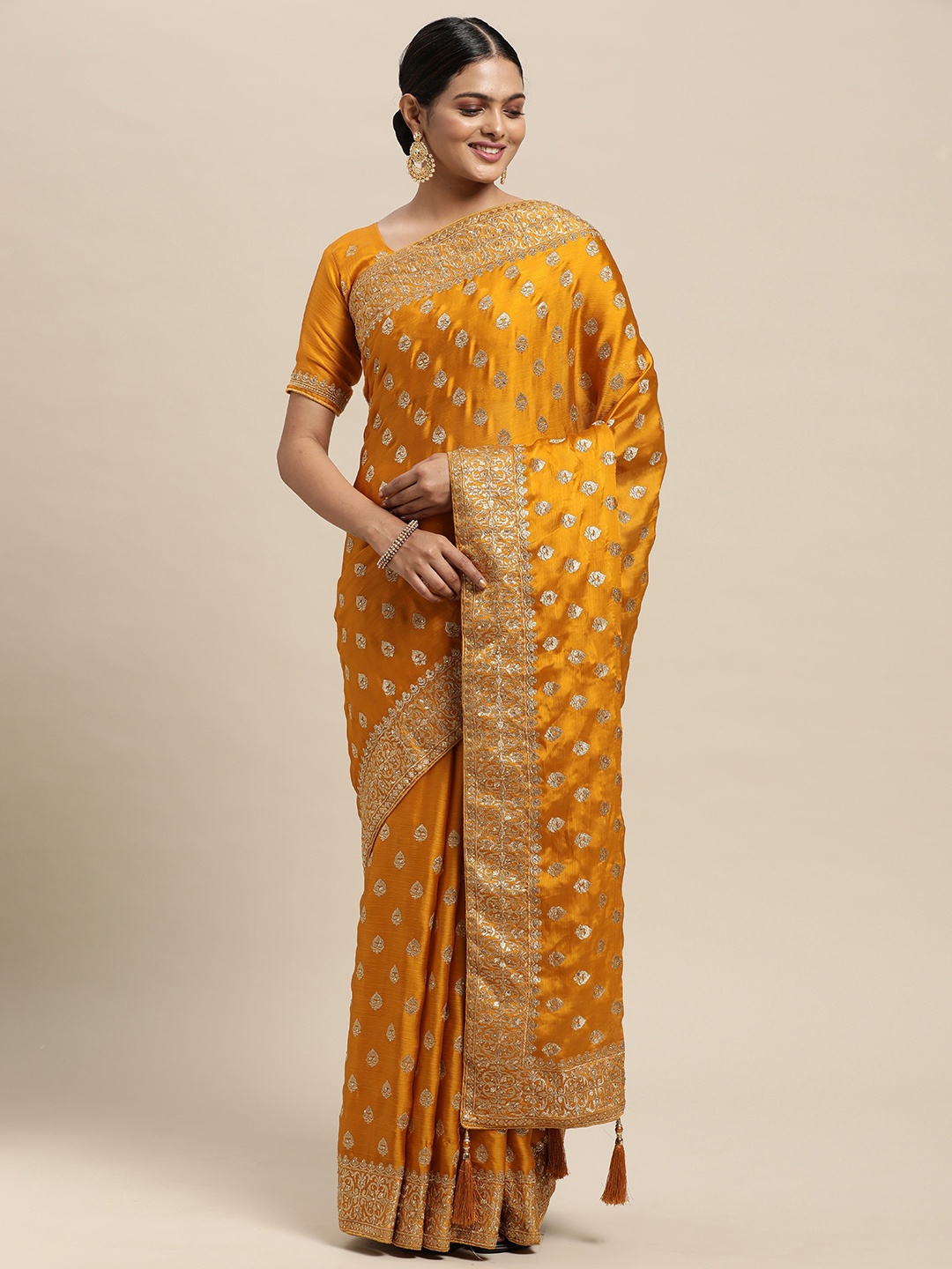 

Saree mall Mustard Yellow Ethnic Motifs Embellished Satin Chiffon Saree