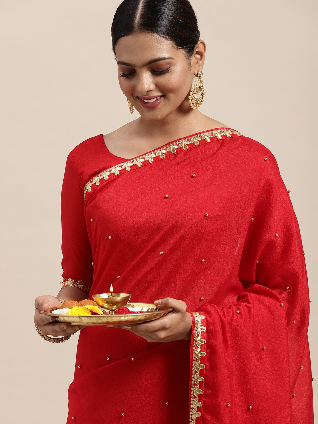 

Saree mall Red Embellished Beads and Stones Sarees