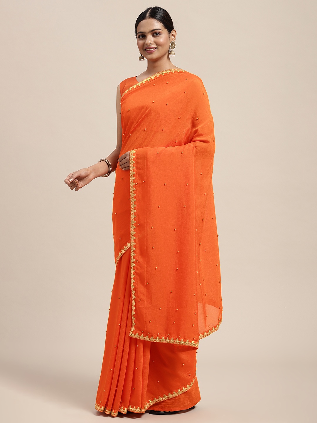 

Saree mall Orange Embellished Beads and Stones Sarees