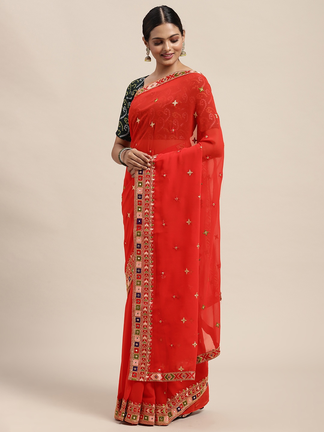 

Saree mall Red Embroidered Saree