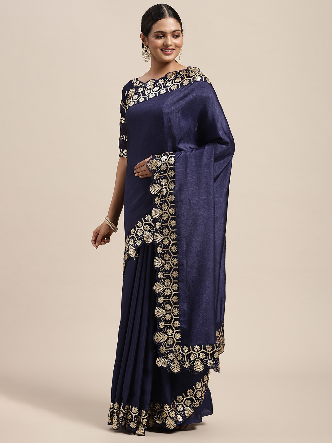 

Saree mall Navy Blue Solid Saree with Sequinned Border