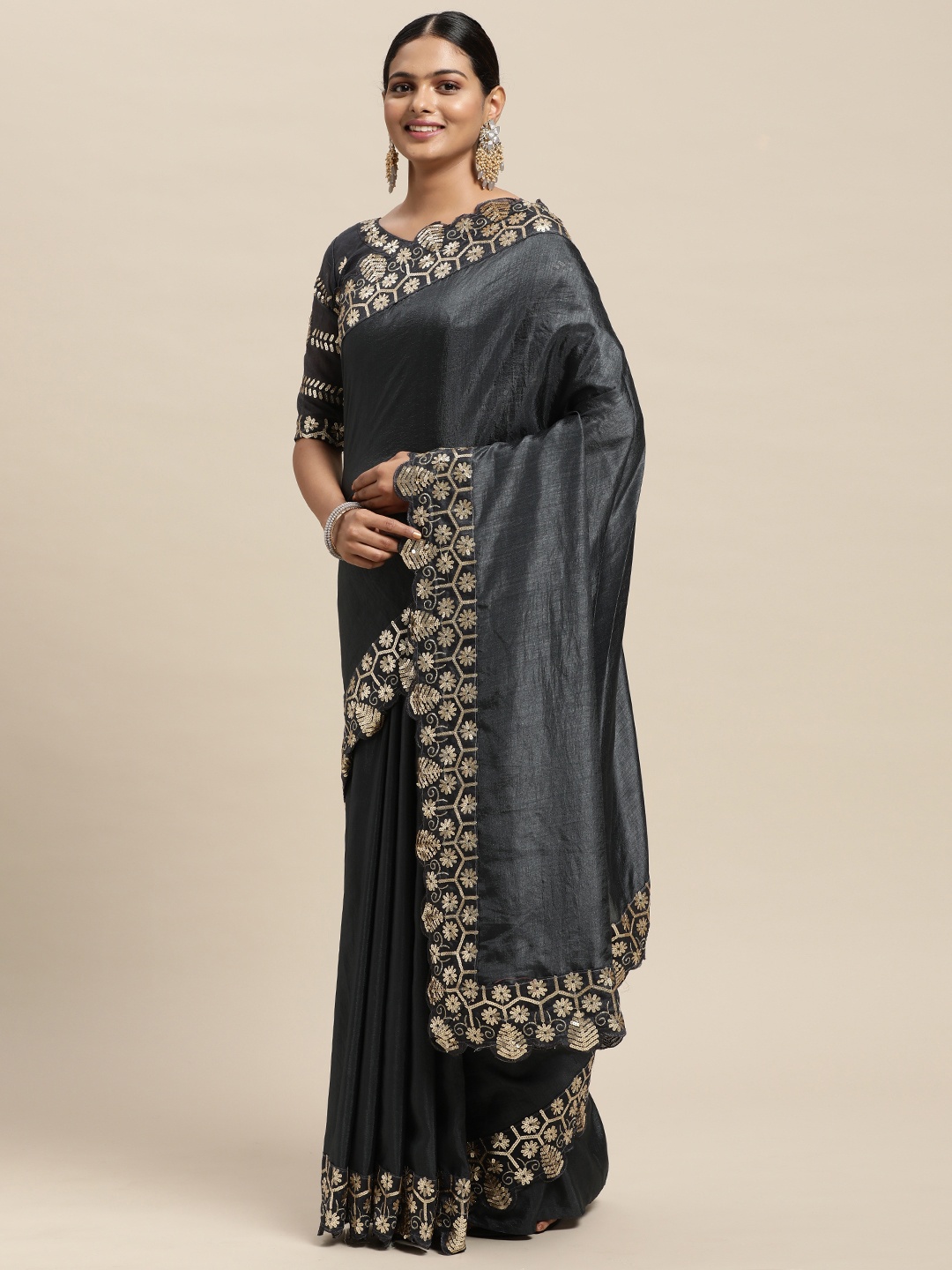 

Saree mall Grey Solid Vichitra Silk Blend Saree with Embroidered Border