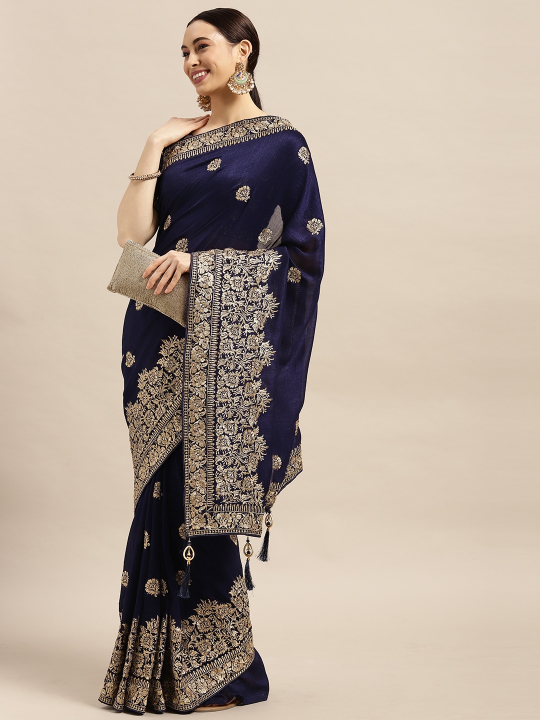 

Mitera Navy Blue Ethnic Motifs Embellished Saree