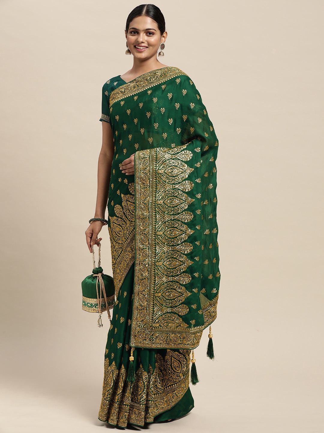 

Mitera Green Satin Chiffon Ethnic Embelished Party Wear Saree with Matching Blouse