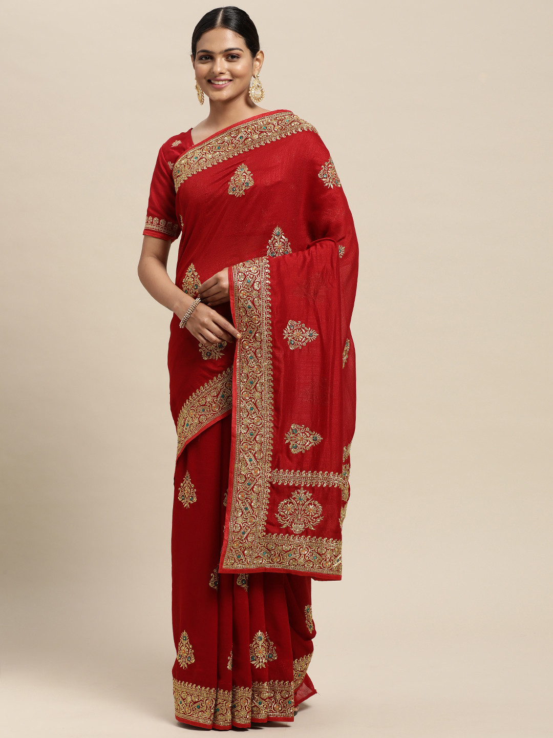 

Mitera Red Vichitra Ethnic Embelished Party Wear Saree with Matching Blouse