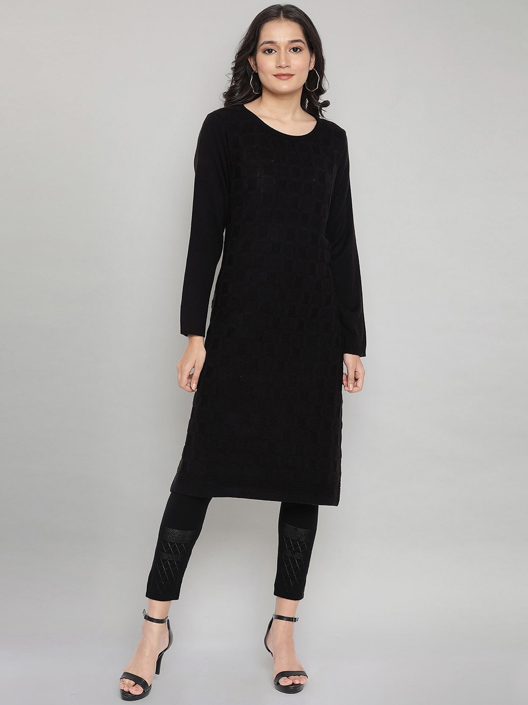 

AURELIA Women Black Woven Design Straight Kurta