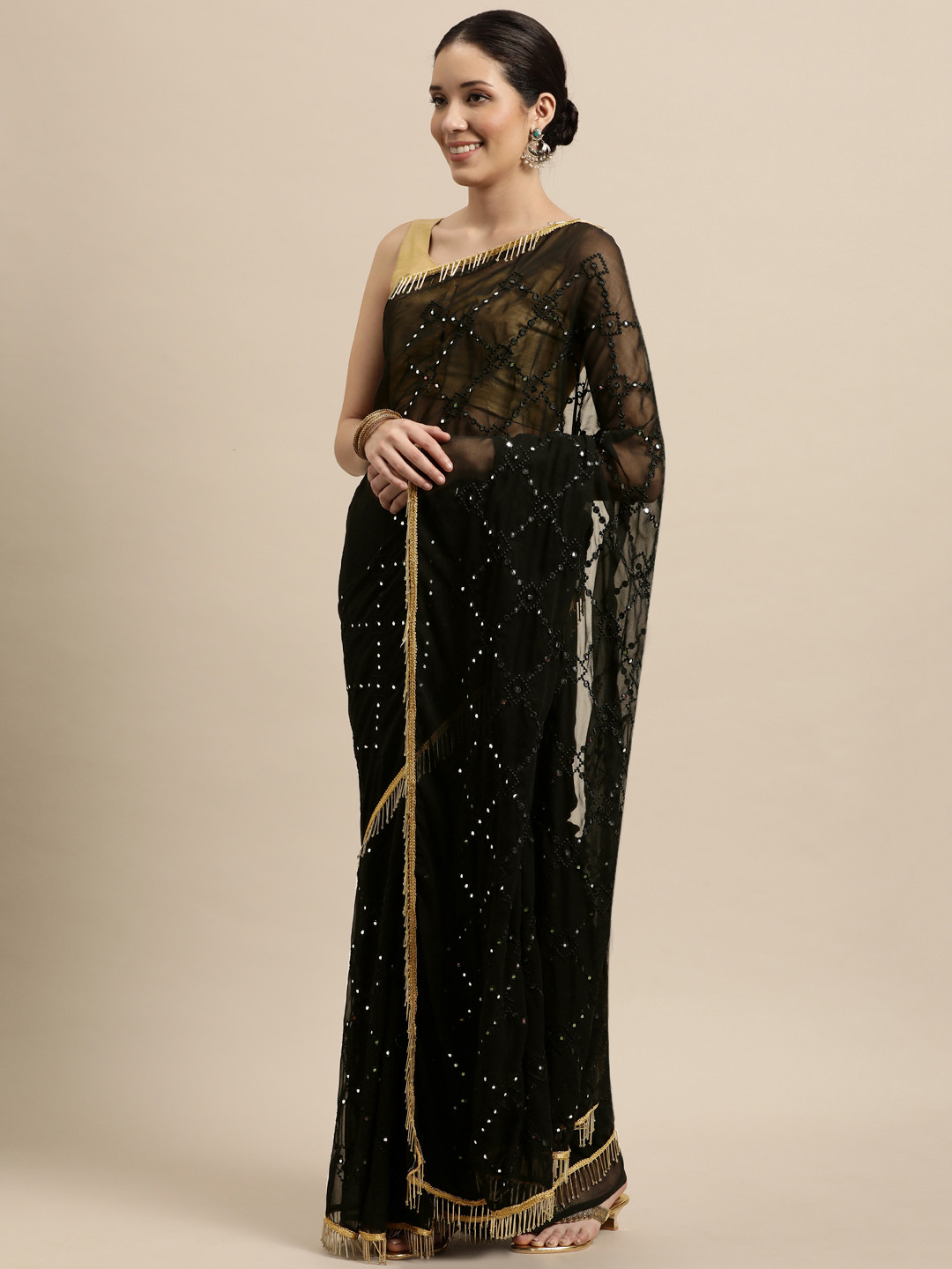 

VASTRANAND Black Embellished Chikankari Heavy Work Saree