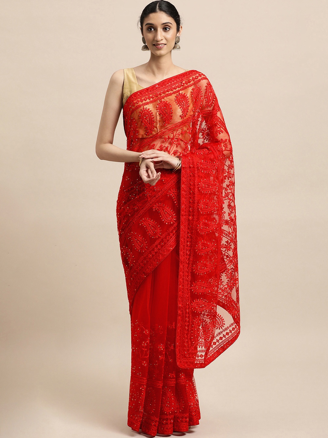 

VASTRANAND Red Ethnic Motifs Net Saree