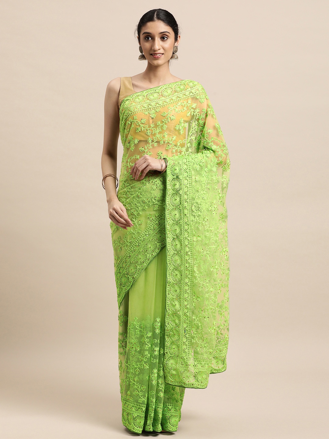 

VASTRANAND Green Ethnic Motifs Net Saree