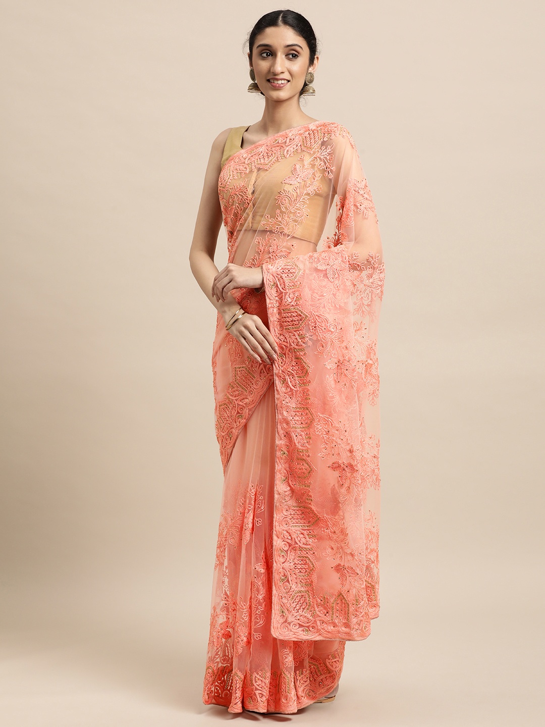 

VASTRANAND Peach-Coloured Ethnic Motifs Net Saree