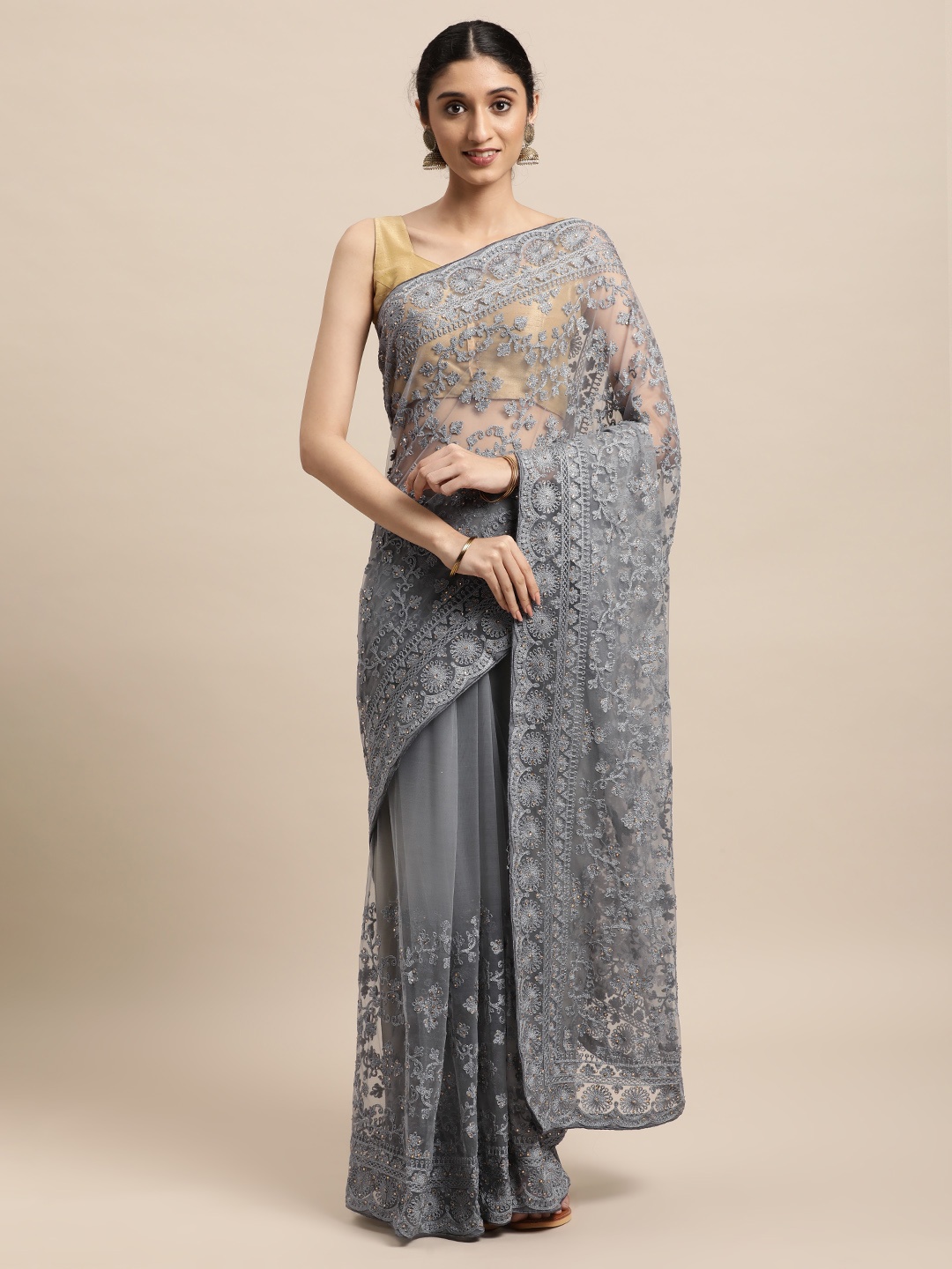 

VASTRANAND Grey Ethnic Motifs Net Saree