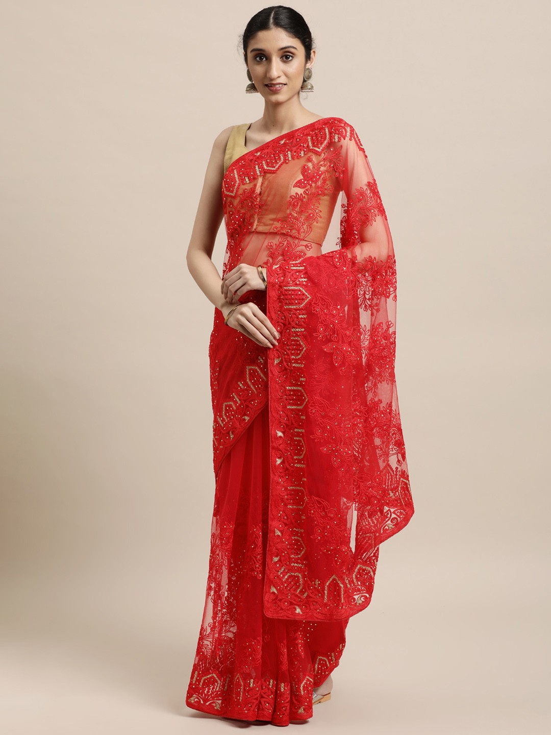 

VASTRANAND Red Ethnic Motifs Net Saree