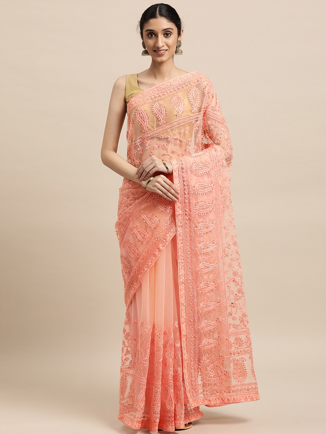 

VASTRANAND Peach-Coloured Ethnic Motifs Net Saree