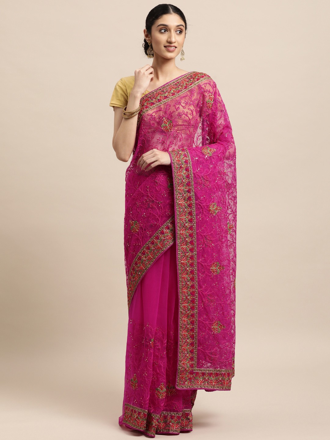

VASTRANAND Pink Ethnic Motifs Net Saree