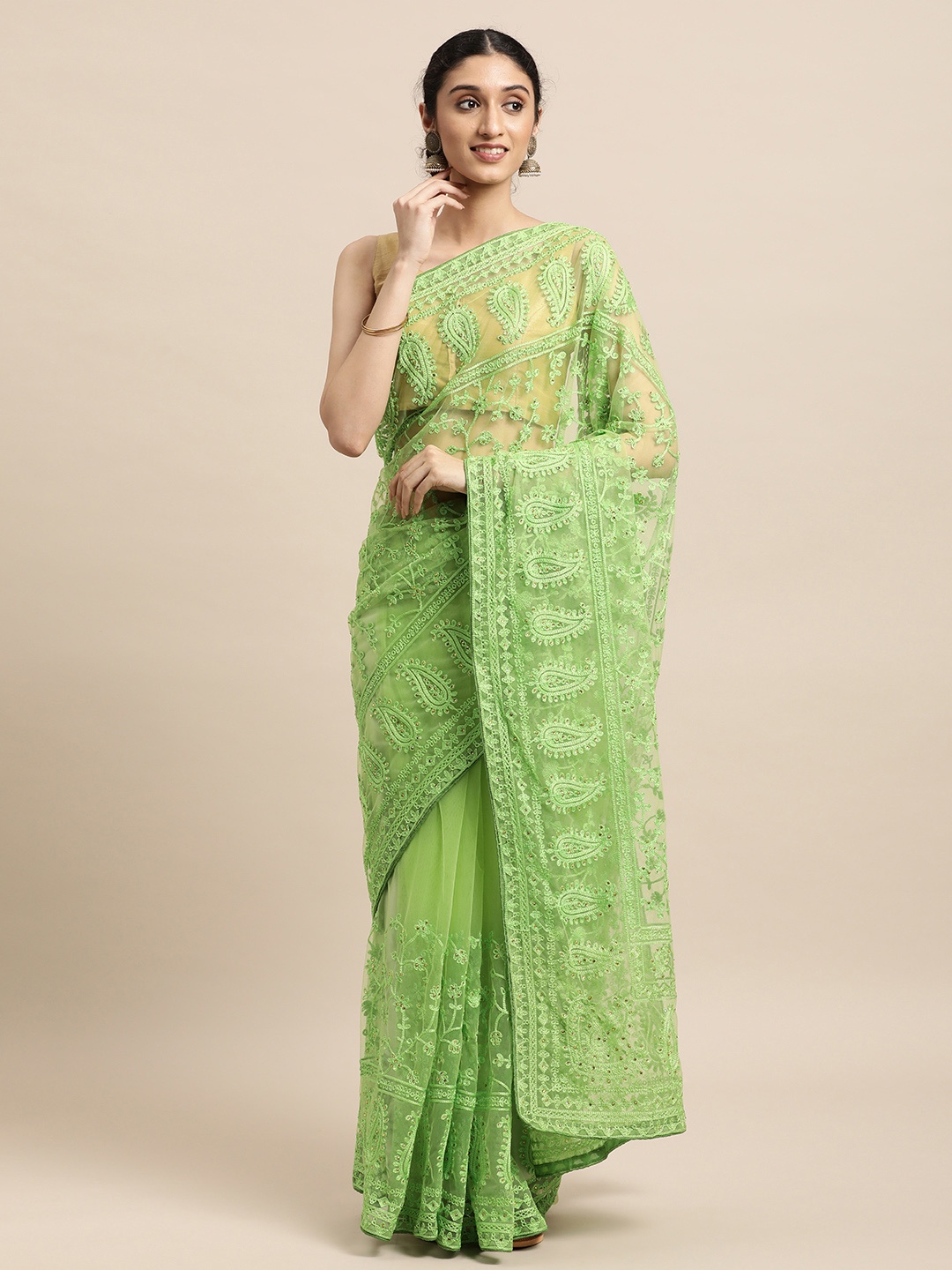 

VASTRANAND Green Ethnic Motifs Net Saree