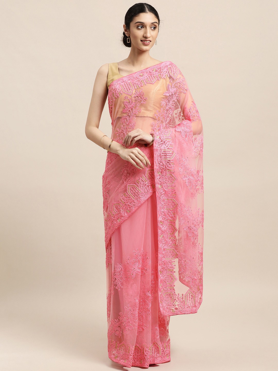 

VASTRANAND Pink Ethnic Motifs Net Saree