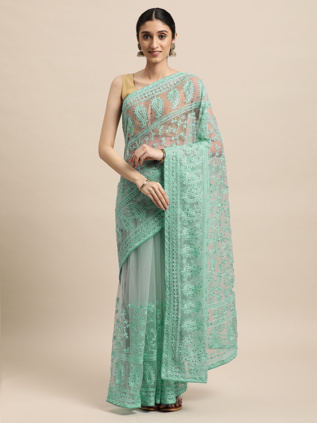 

VASTRANAND Turquoise Blue Ethnic Motifs Net Saree