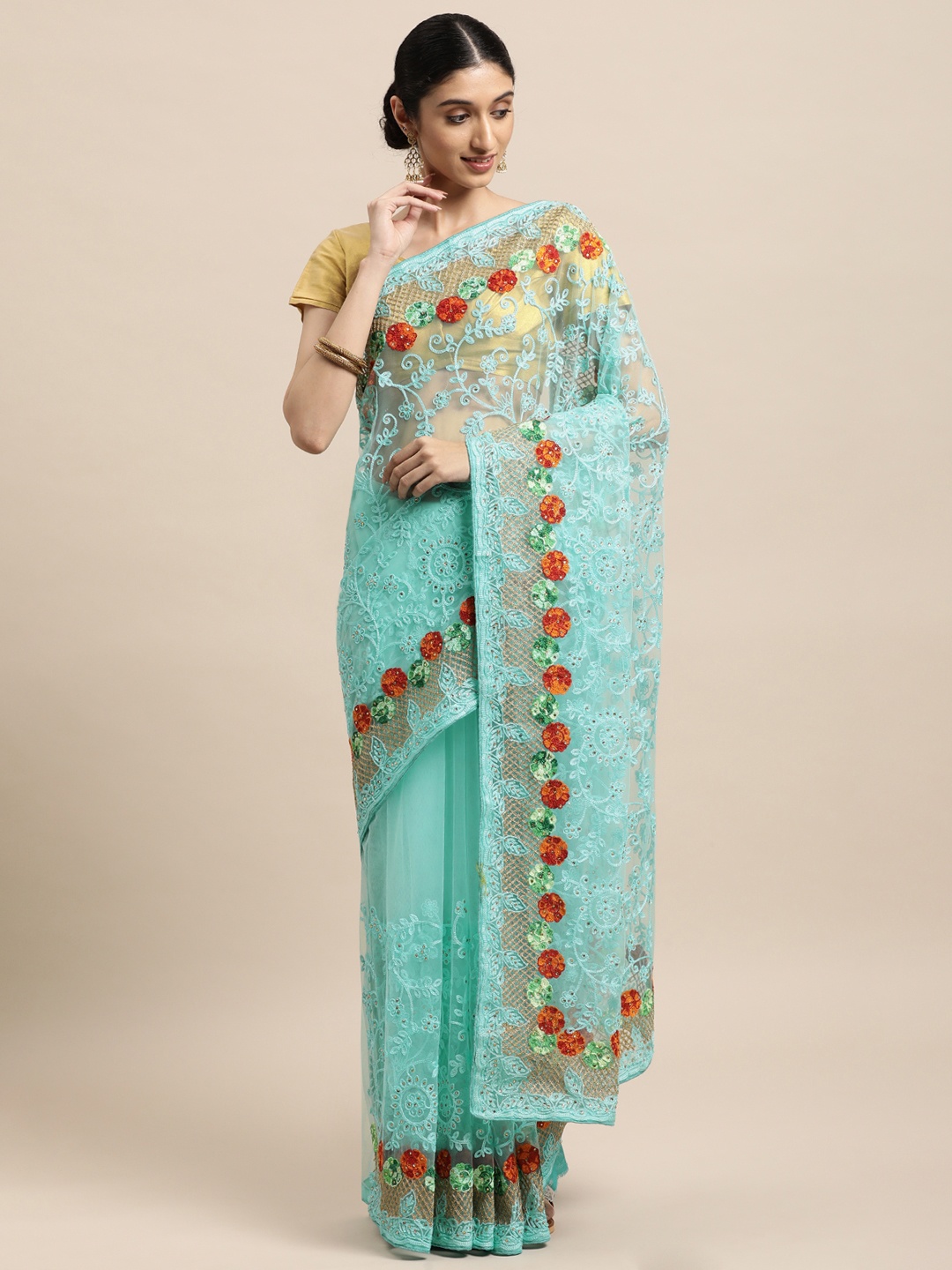 

VASTRANAND Turquoise Blue Ethnic Motifs Net Saree