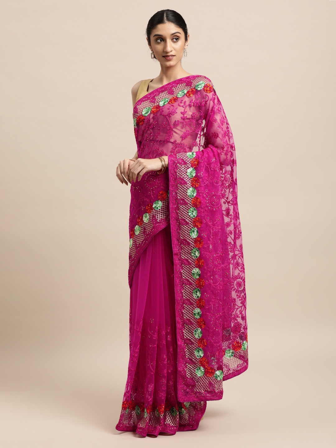 

VASTRANAND Pink Ethnic Motifs Net Saree