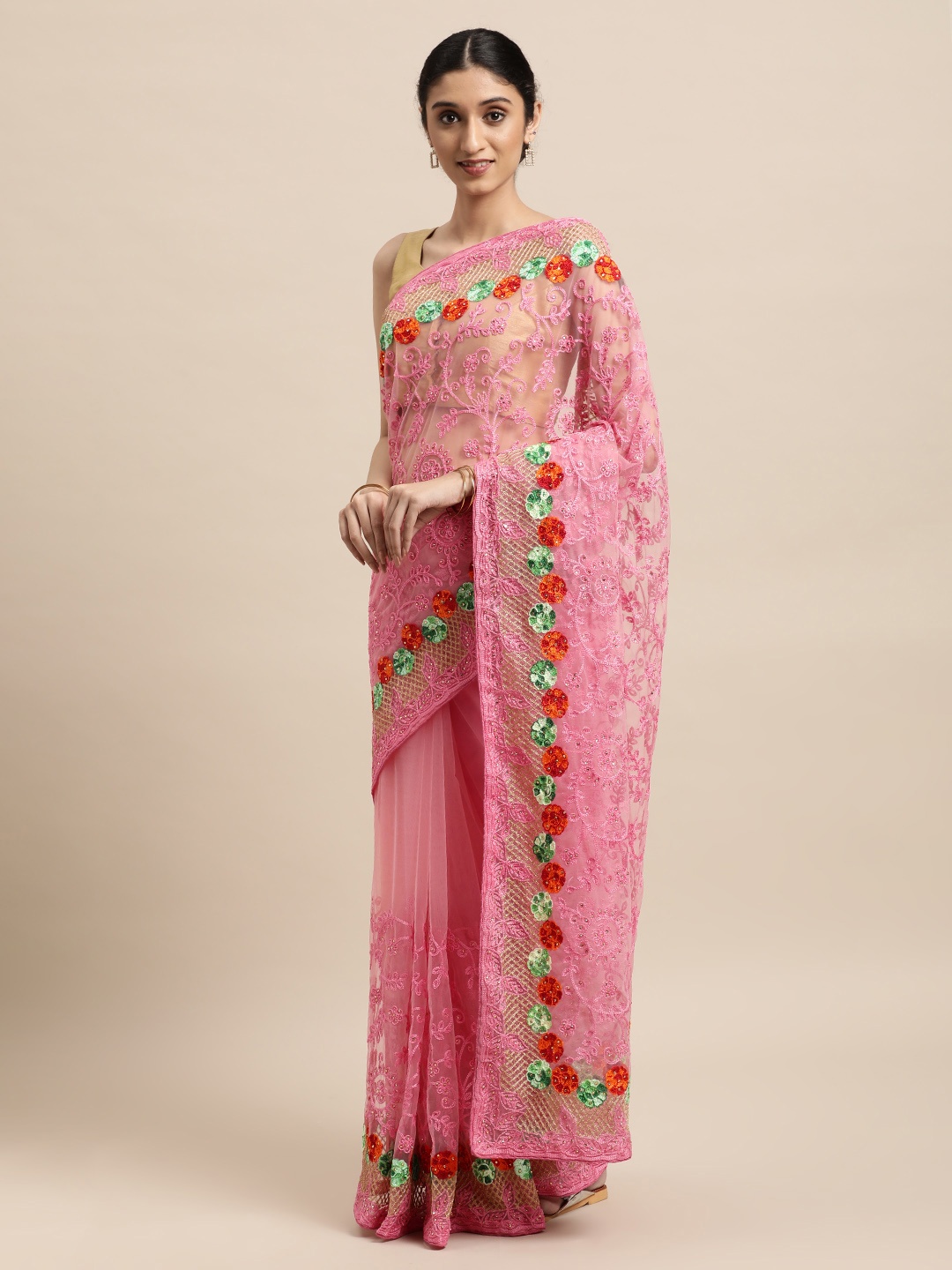 

VASTRANAND Pink Ethnic Motifs Net Saree