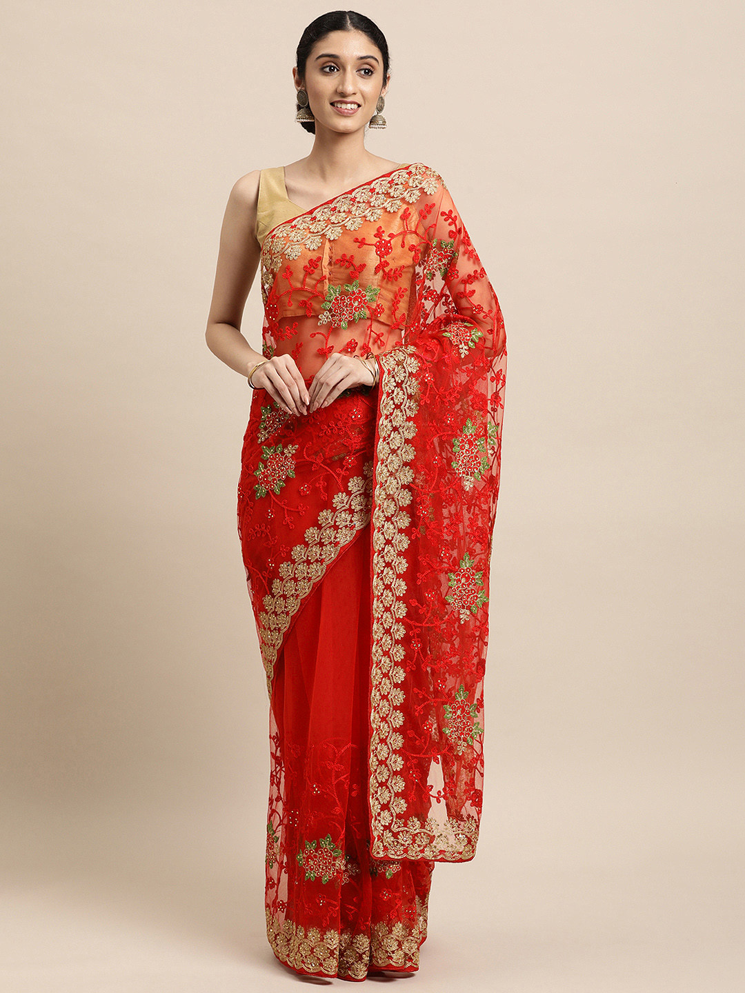 

VASTRANAND Red Ethnic Motifs Net Saree