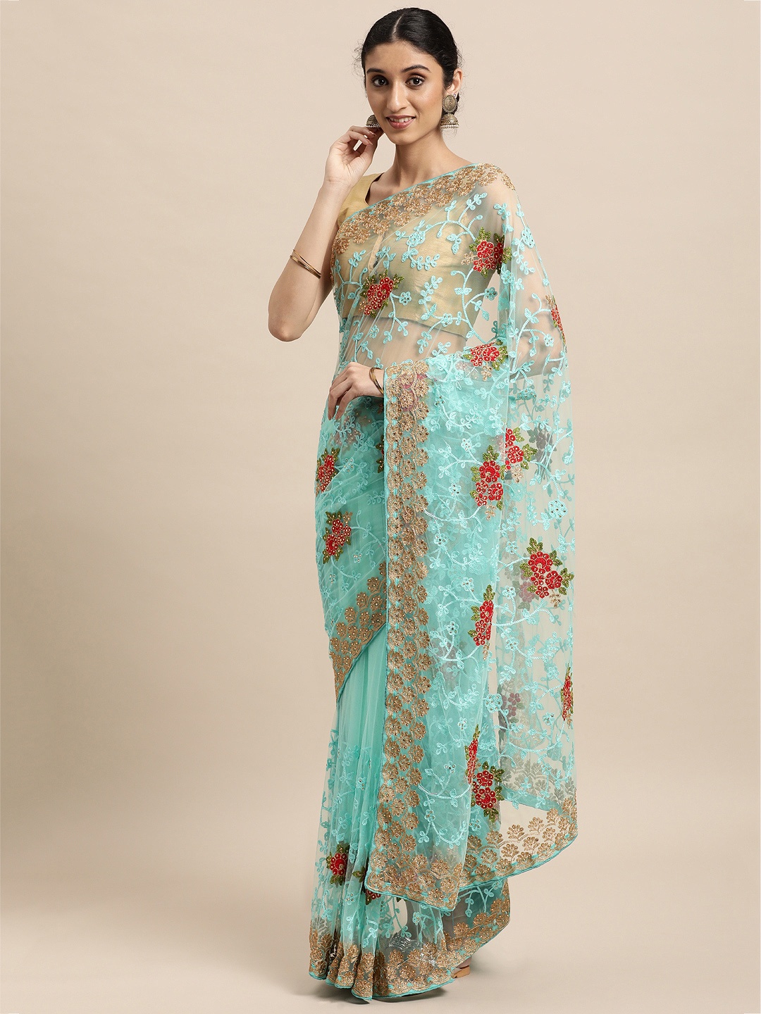 

VASTRANAND Turquoise Blue Ethnic Motifs Net Saree