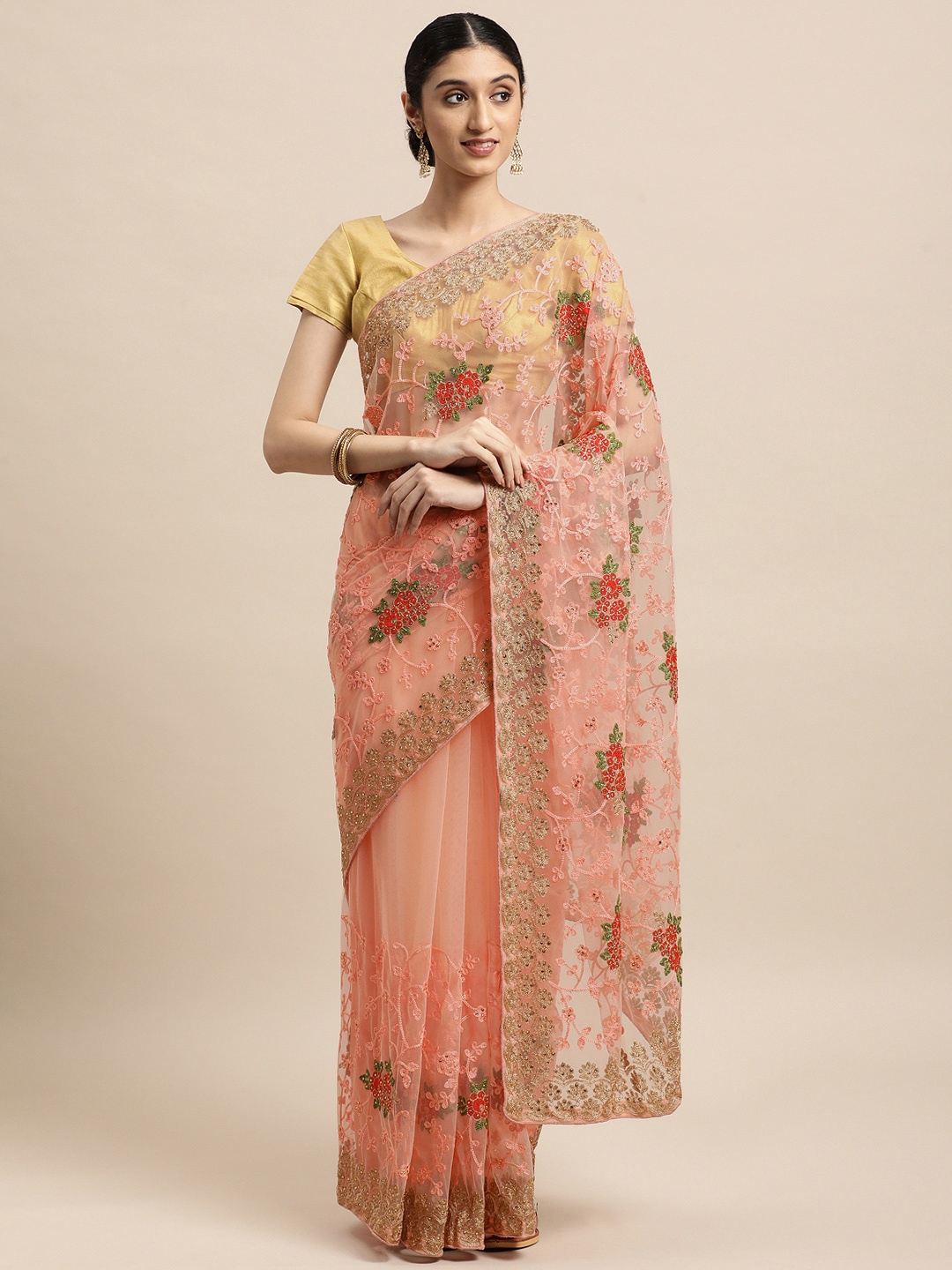 

VASTRANAND Peach-Coloured Ethnic Motifs Net Saree