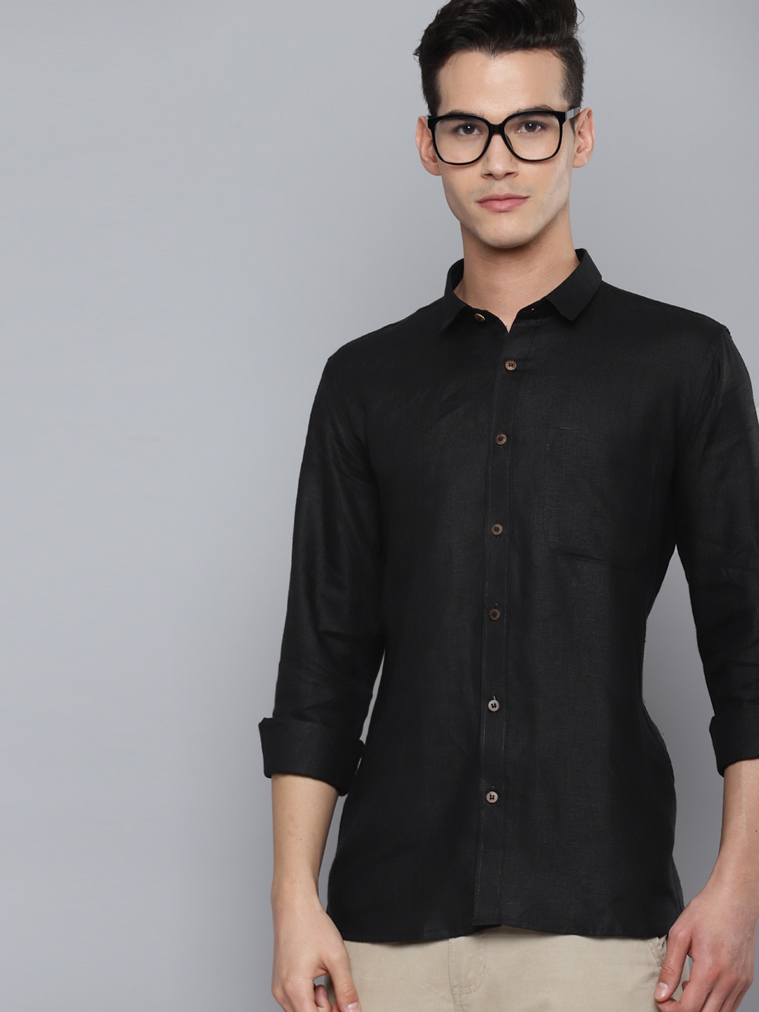 

DENNISON Men Black Pure Hemp Slim Fit Casual Shirt