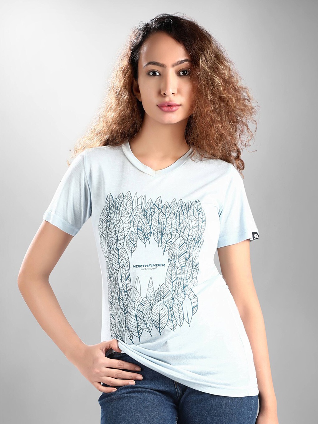 

Dream of Glory Inc Women Blue Printed V-Neck T-shirt