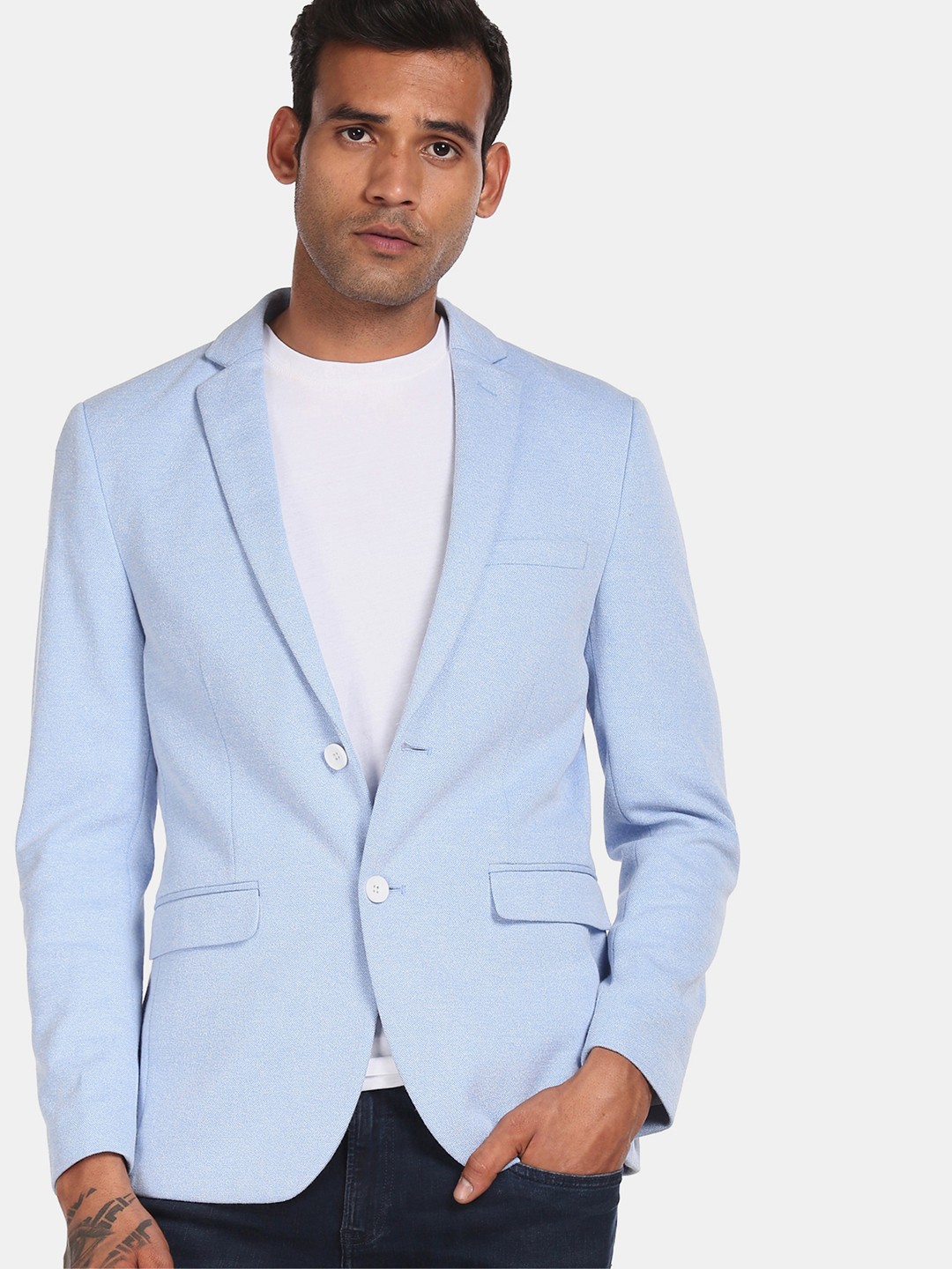 

U.S. Polo Assn Men Blue Solid Slim Fit Single Breasted Cotton Blend Blazer