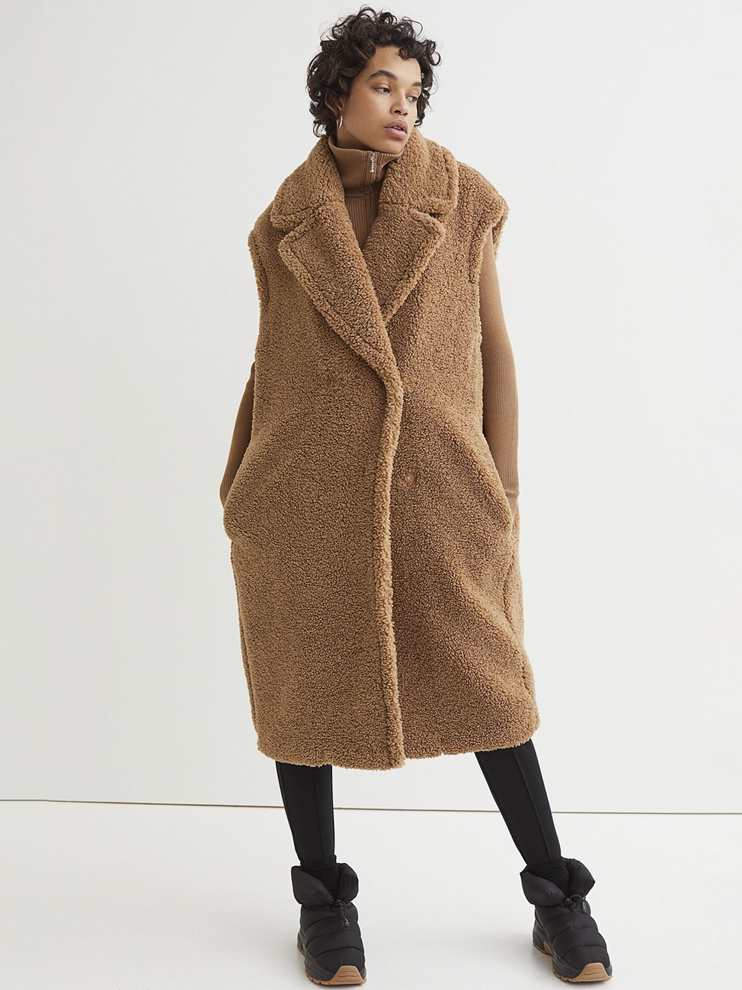 

H&M Women Beige Solid Faux Shearling Sleeveless Coat