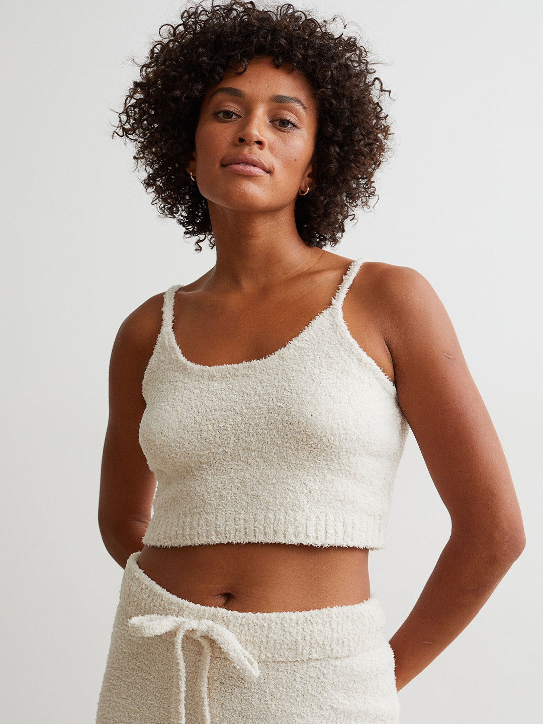 

H&M Women White Faux Shearling Crop Top