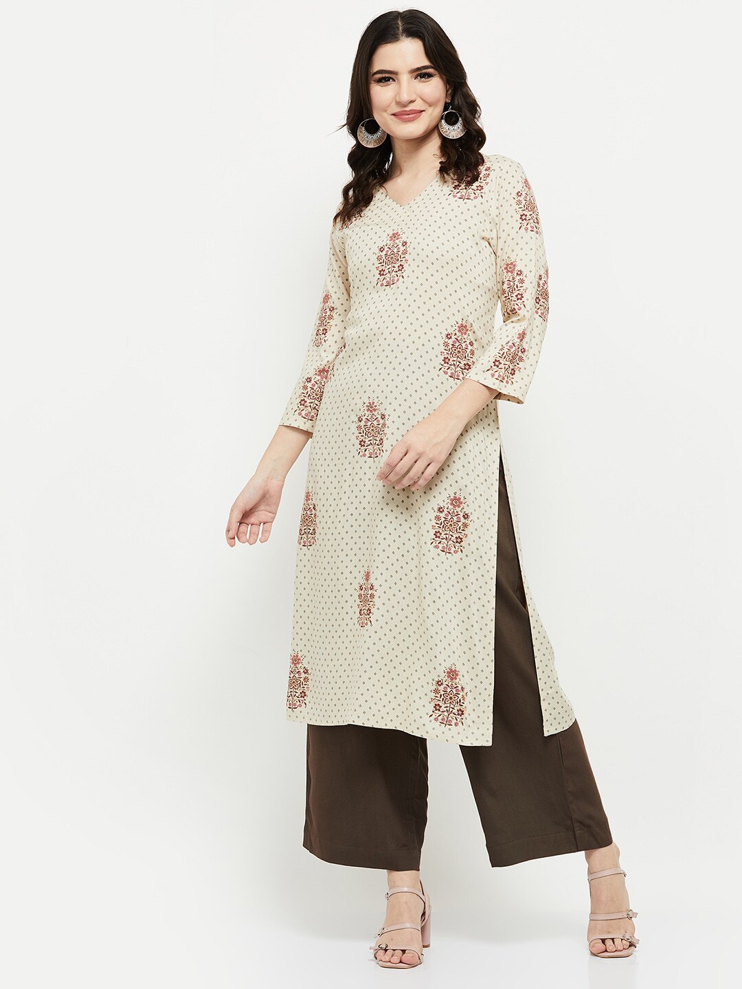 

max Women Beige & Brown Ethnic Motifs Printed Kurta with Palazzos
