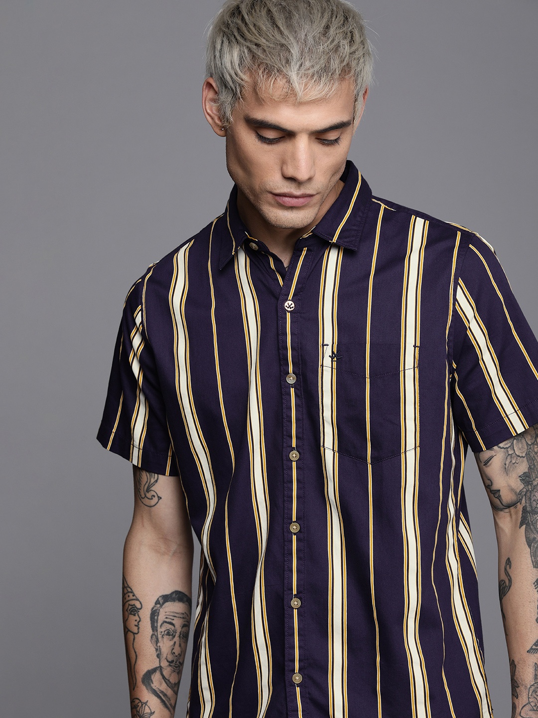 

WROGN Men Navy Blue Slim Fit Multi Stripes Slim Fit Casual Shirt