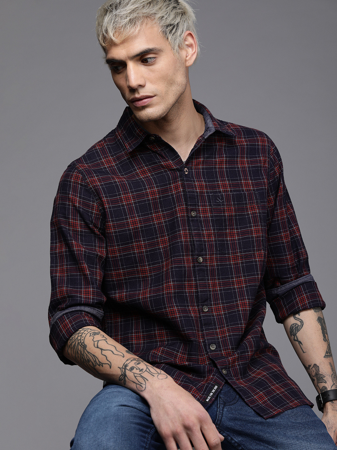 

WROGN Men Brown Slim Fit Tartan Checks Slim Fit Casual Shirt